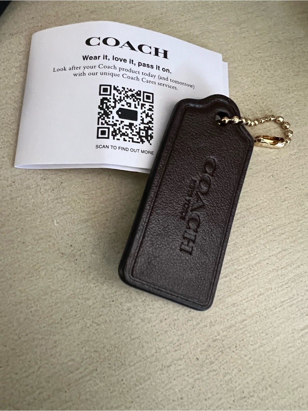 COACH MAPLE Brown Leather Key Tag with Gold Chain